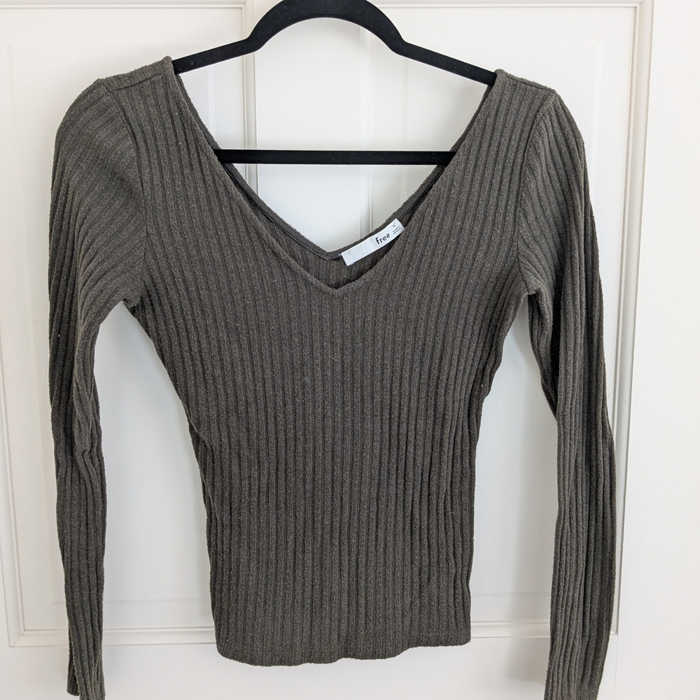Ribbed V-Neck Long Sleeve Sweater